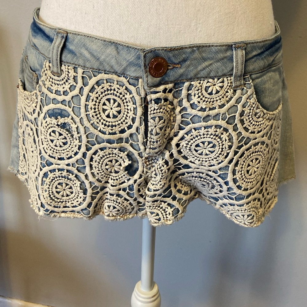 Crochet front jean shorts